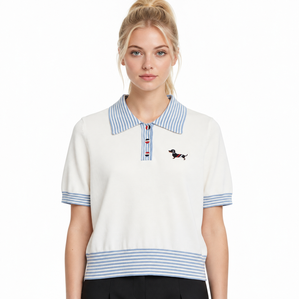 New Puppy-Embroidered Knitted T-Shirt